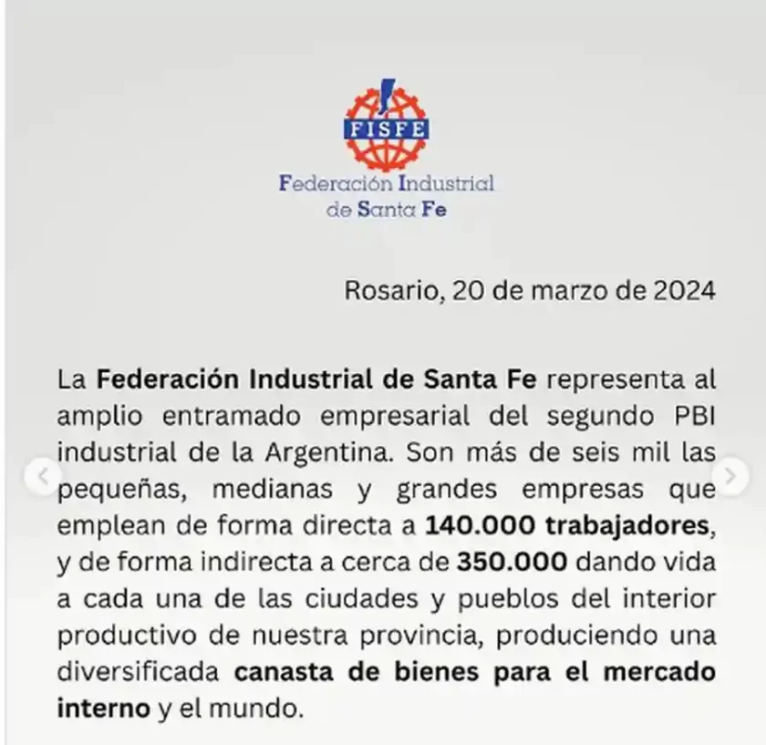 Comunicado de la Federación Industrial de Santa Fe Comunicado de la Federación Industrial de Santa Fe