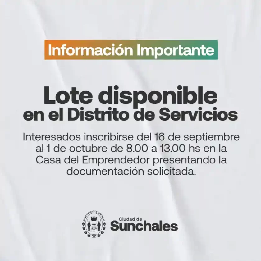 Oportunidad de inversión en Sunchales: Disponibilidad de lote en el Distrito de Servicios Oportunidad de inversión en Sunchales: Disponibilidad de lote en el Distrito de Servicios
