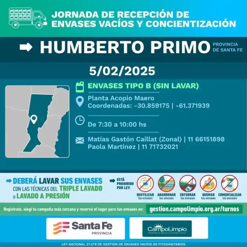 Nueva Jornada de Recepción de Envases Vacíos y Concientización Ambiental en Humberto Primo Nueva Jornada de Recepción de Envases Vacíos y Concientización Ambiental en Humberto Primo