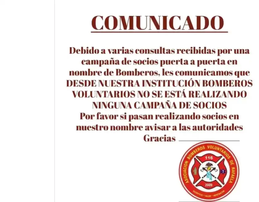 Alerta en Rafaela: Bomberos Voluntarios desmiente falsa campaña de socios puerta a puerta Alerta en Rafaela: Bomberos Voluntarios desmiente falsa campaña de socios puerta a puerta