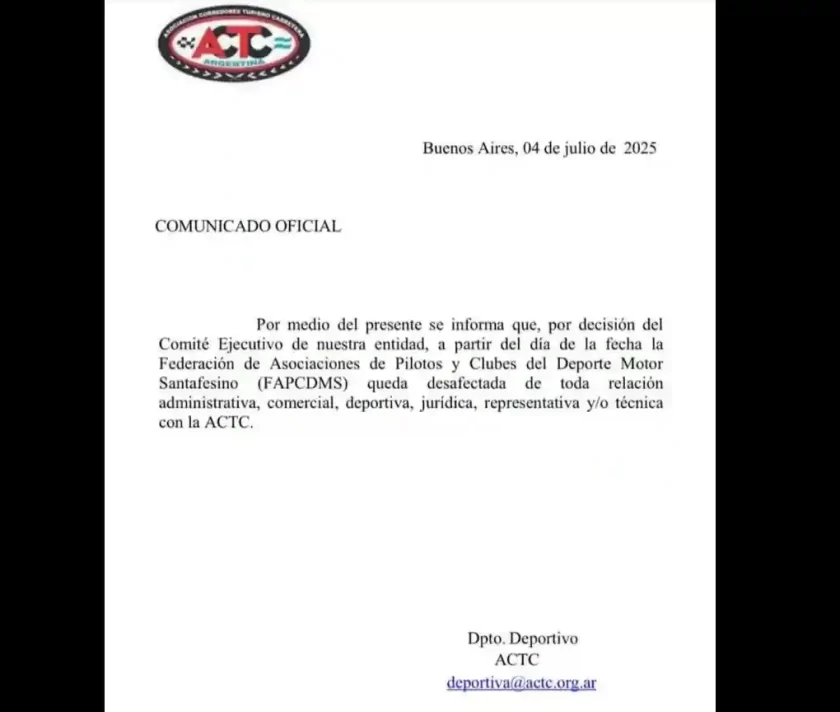 Terremoto en el automovilismo santafesino: La Federación quedó desvinculada de la ACTC Terremoto en el automovilismo santafesino: La Federación quedó desvinculada de la ACTC