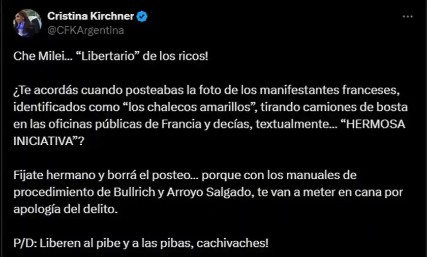 Cristina Kirchner arremete contra Milei: "Libertario de los ricos", tras detención de concejala en Quilmes